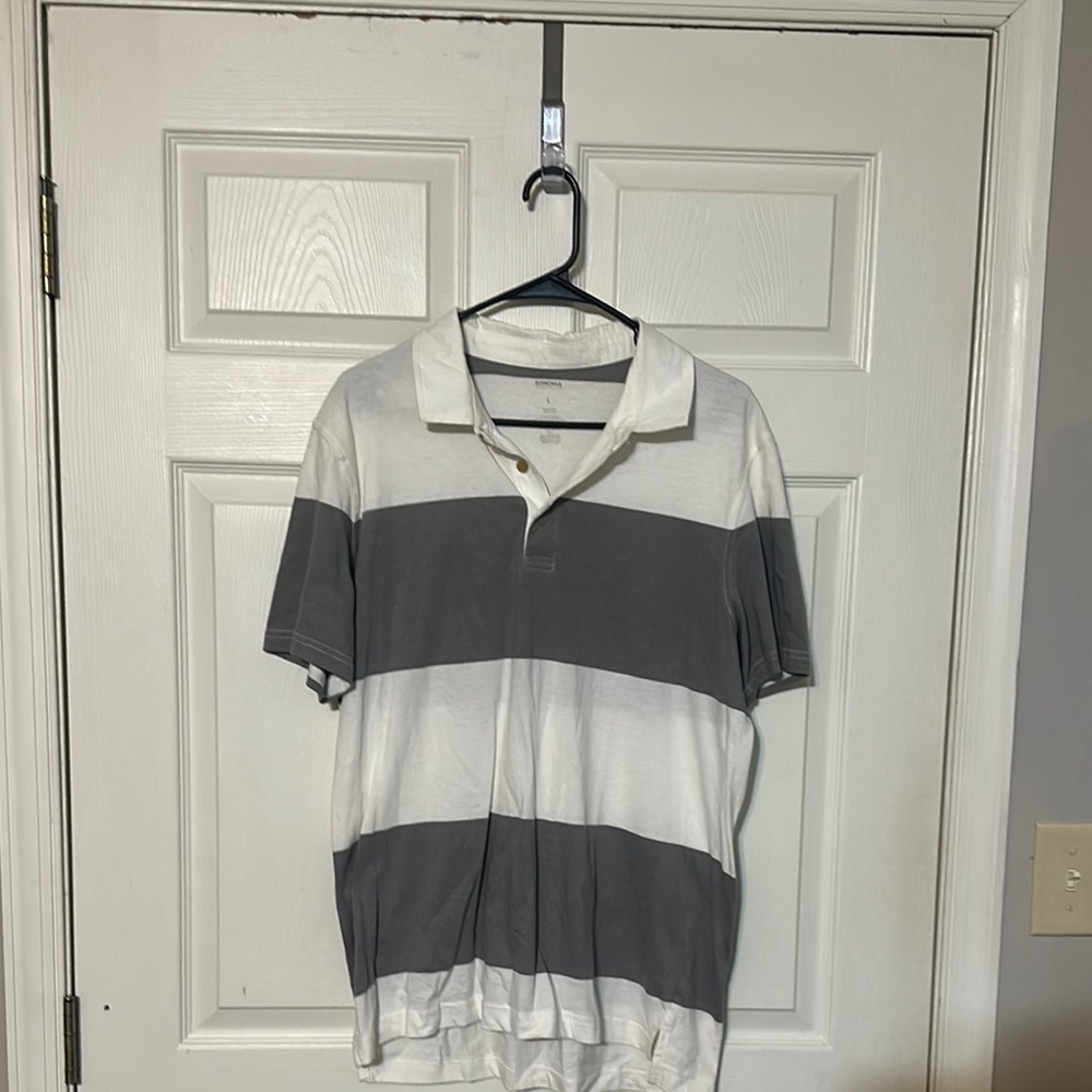 Men's Gray and White Striped Polo Shirt